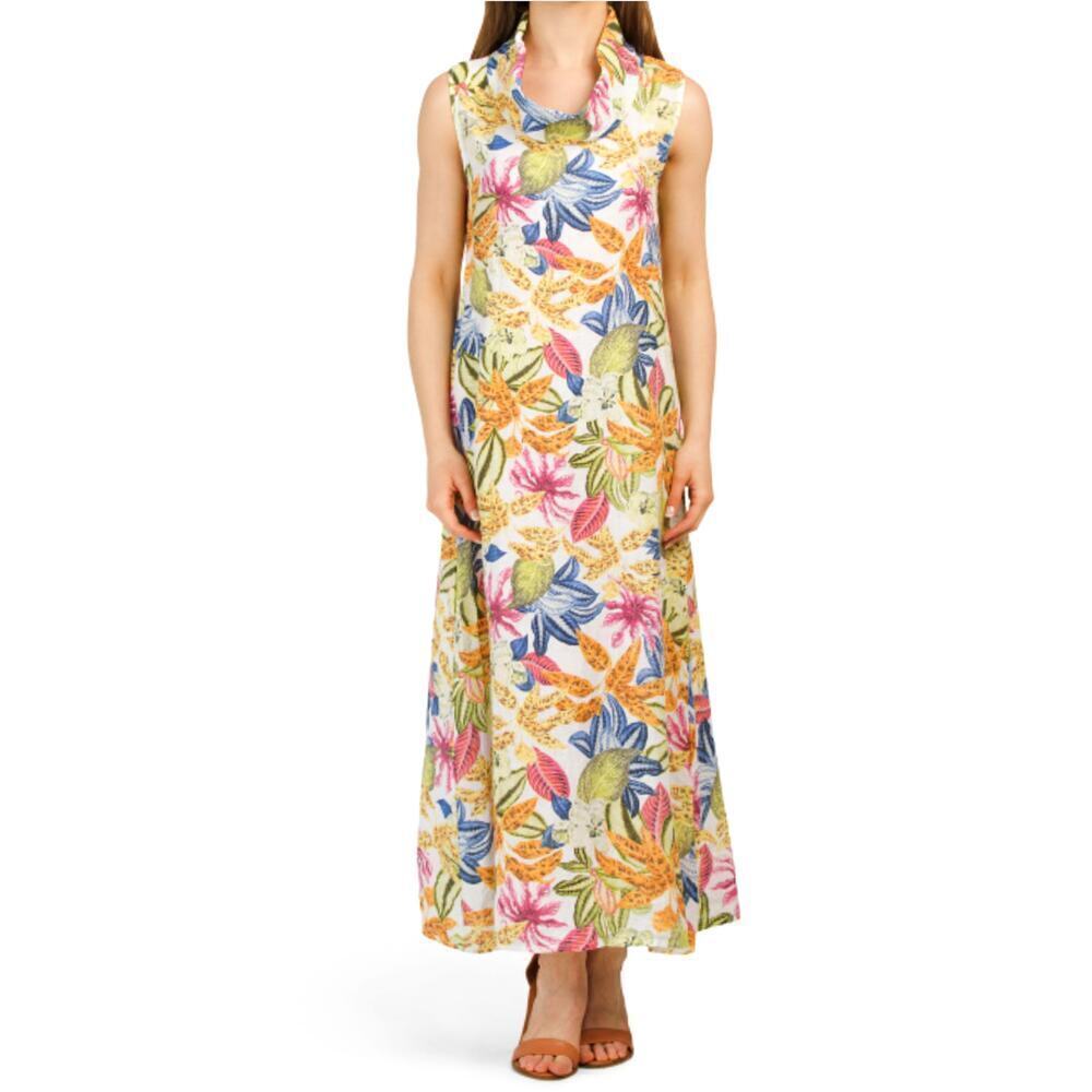 New Francesca Bettini Women's Italy Cowl Neck Tropical Print Linen Maxi Dress